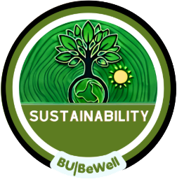 Circular badge with illustration of a globe with a tree on it, with the word "Sustainability."