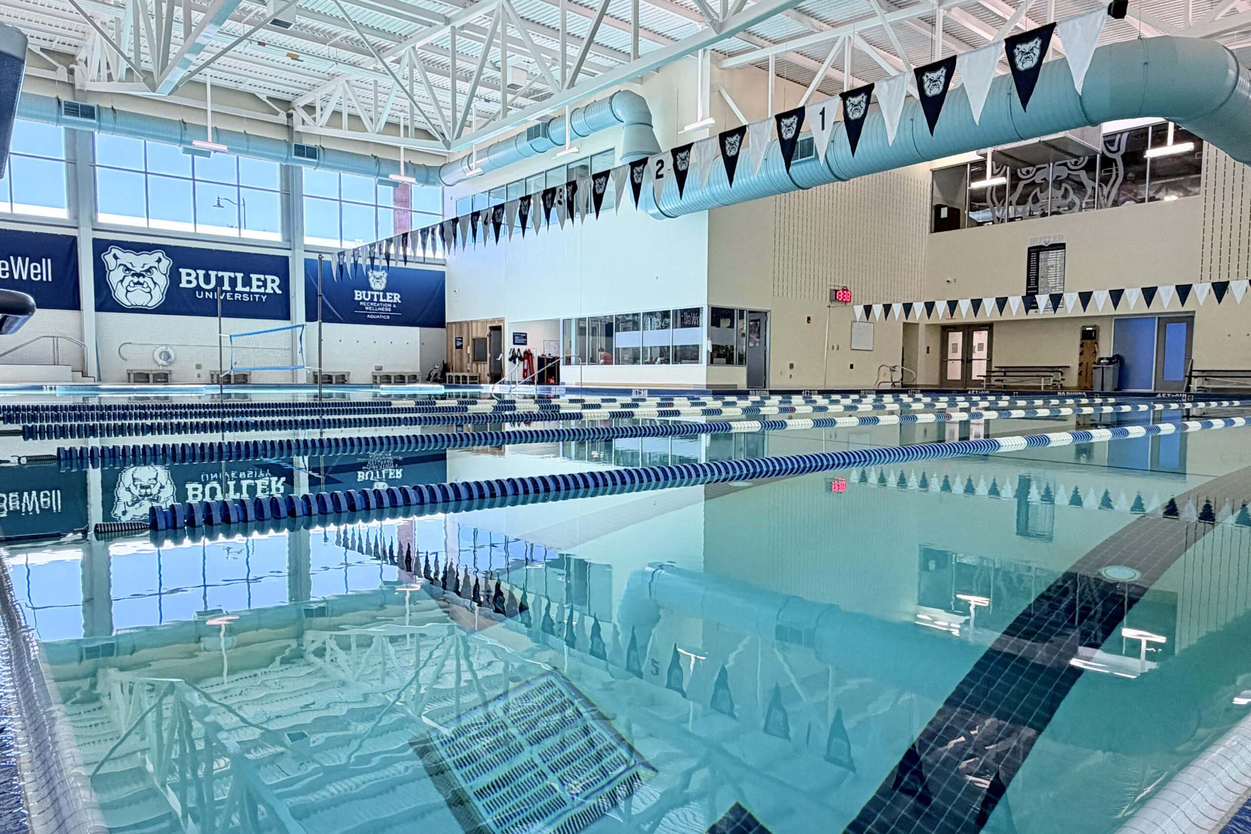 Wide view of aquatics center pools.
