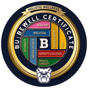 BU|BeWell certificate logo. It has health related words and many colors.