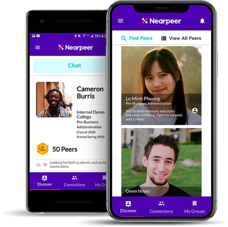 Simulated screens of two cell phones showing the Nearpeer app with student profiles.