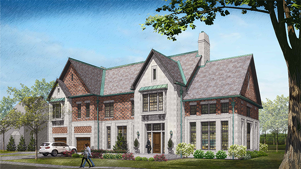 rendering of university house, gray brick and orange brick