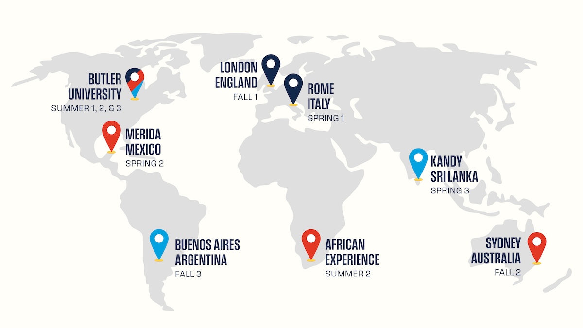 Map of the world showing all location Butler Overseas locations on a map