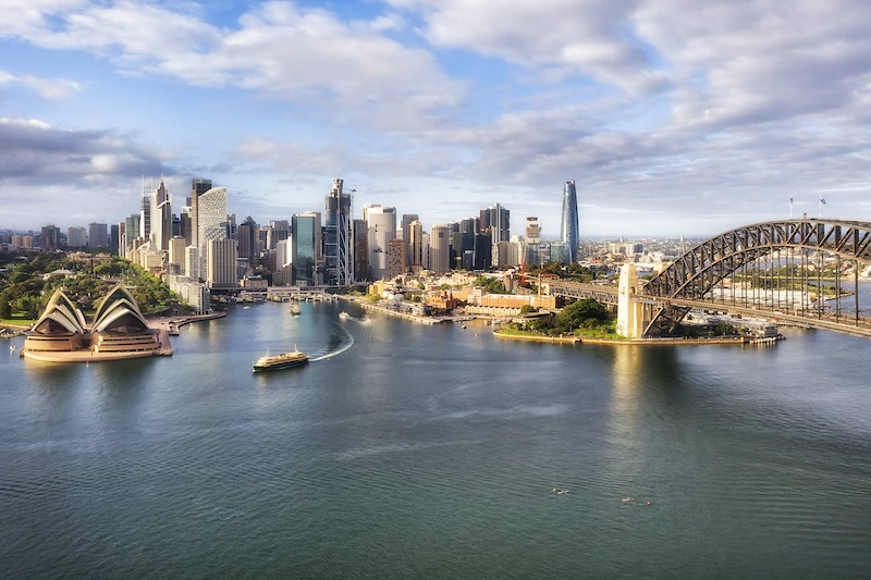 Aerial view of coastline and skyline of downtown Sydney, Australia.