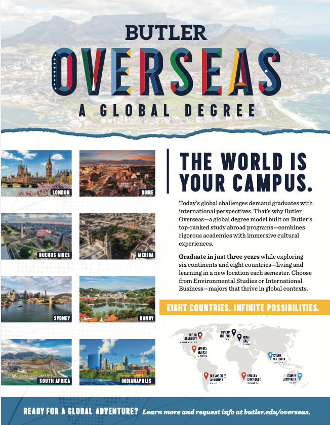 Informational Butler Overseas one sheeter for admission purposes with photos of each location and program details.