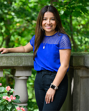 woman in royal blue blouse