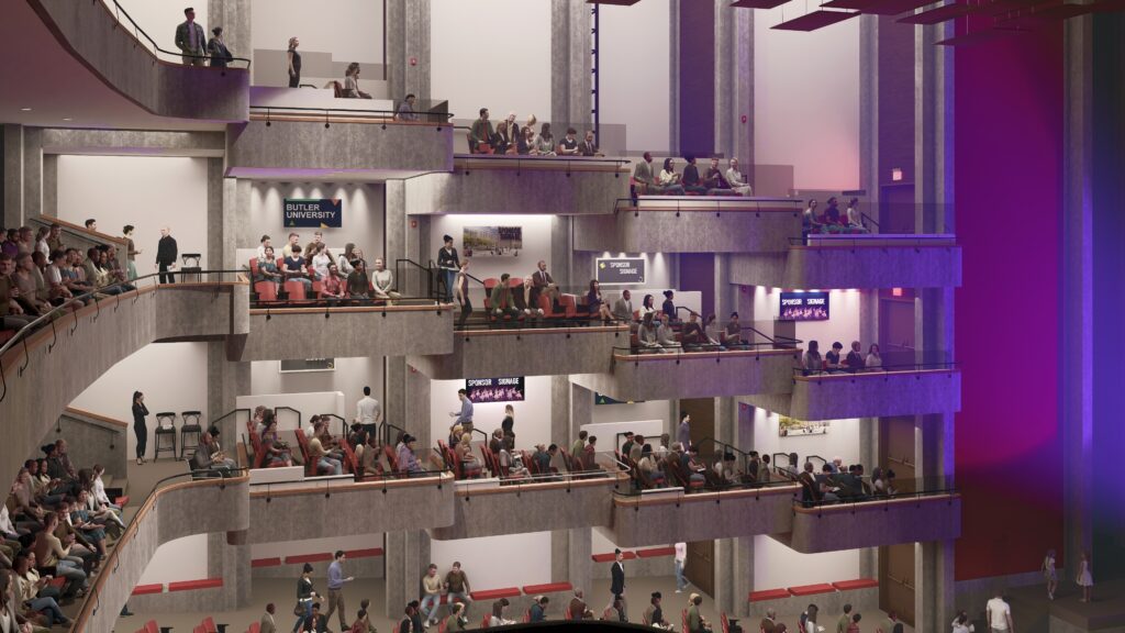 A rendering of interior renovations to Clowes Memorial Hall balcony seating.