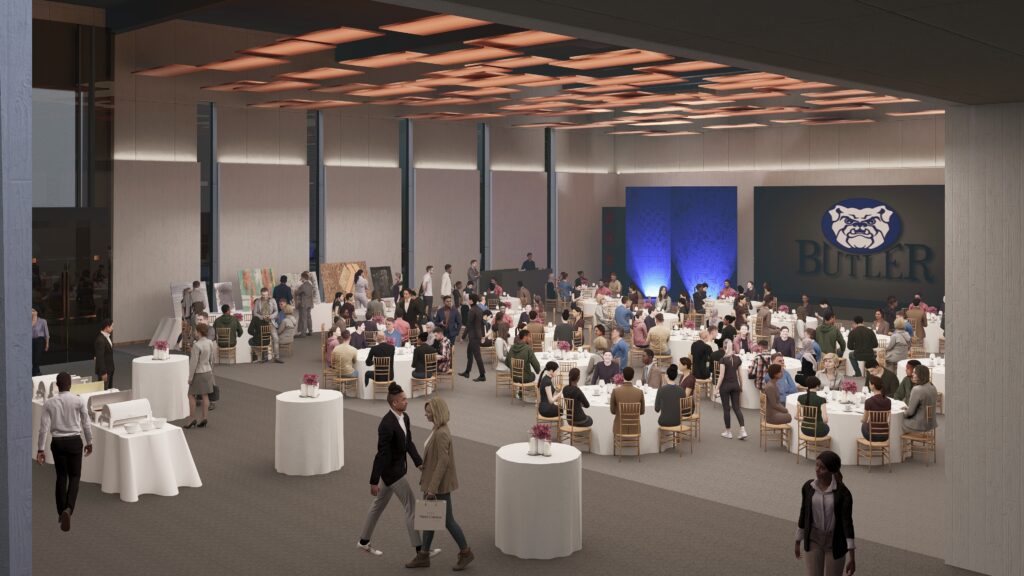 A rendering of a proposed addition to Clowes Memorial Hall East lobby.