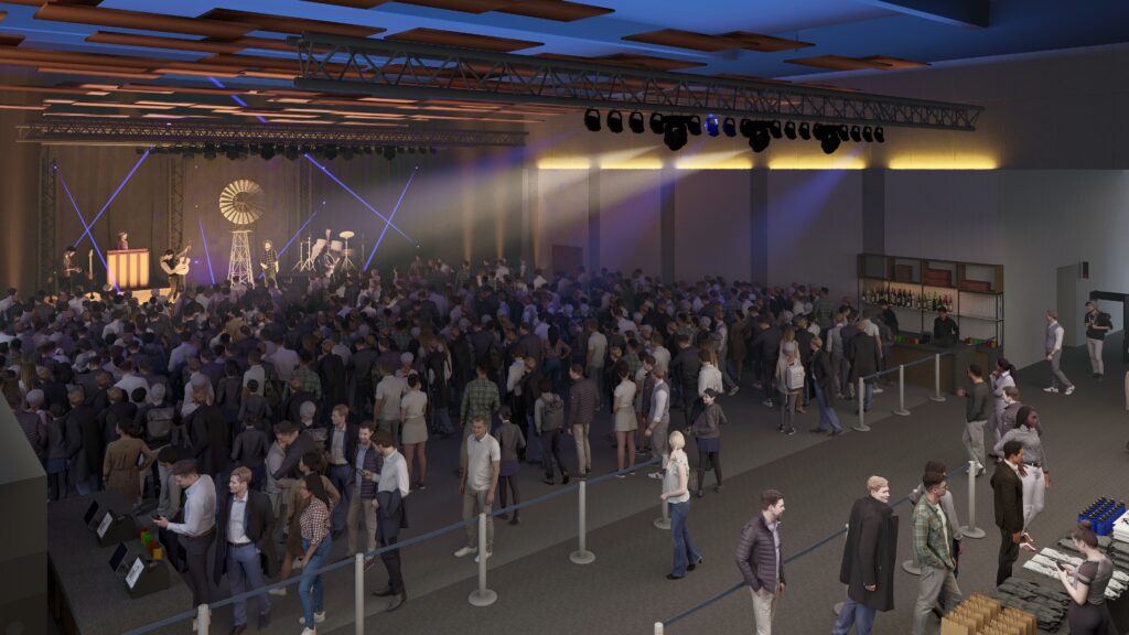 A rendering of proposed construction to Clowes Memorial Hall as part of Butler's Gateway Project.