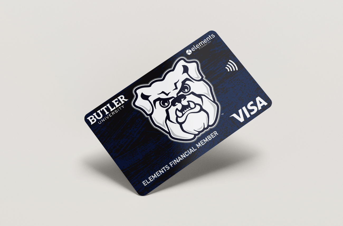 The official Butler University Rewards Visa credit card featuring the navy blue bulldog logo, shown against a sleek gray background.