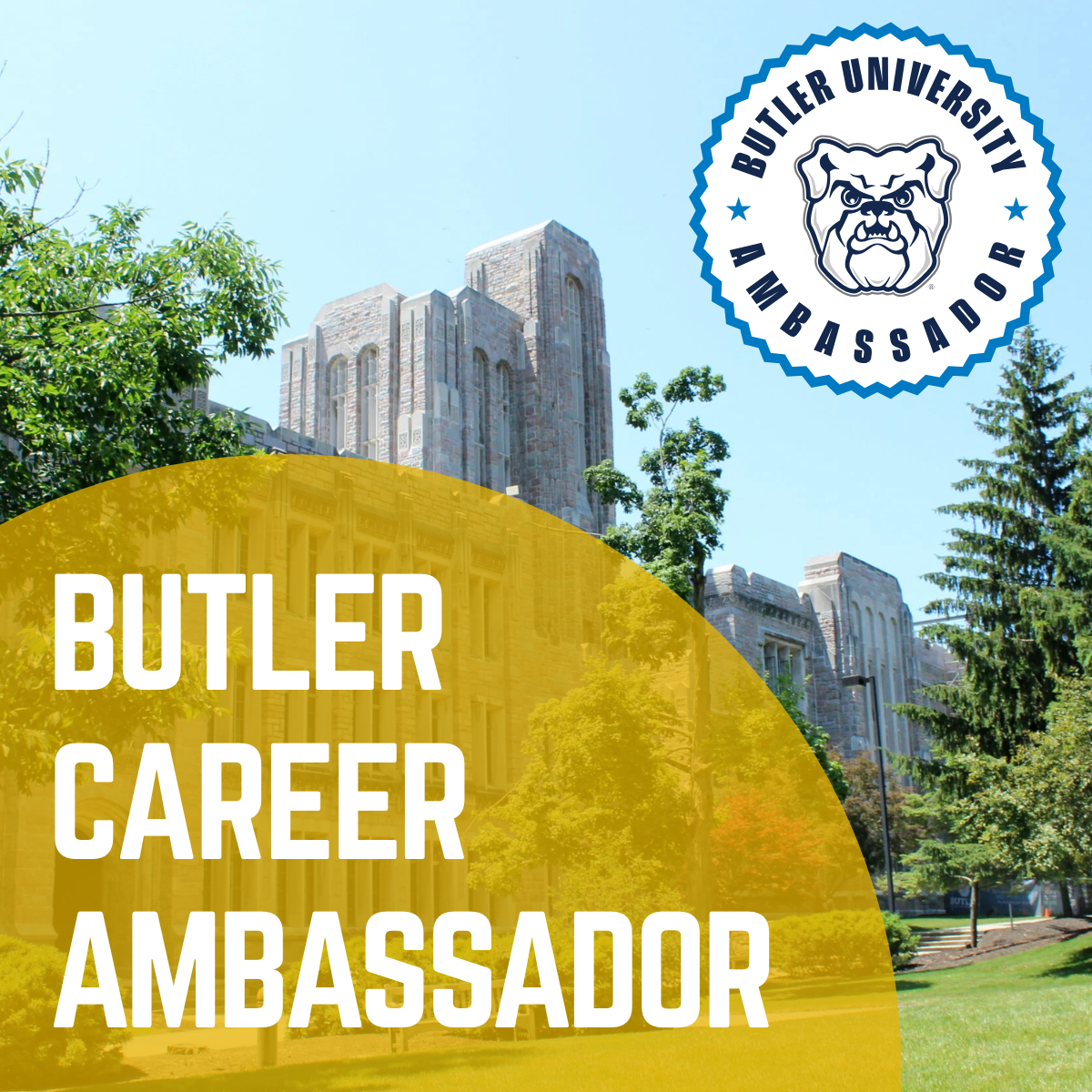 Square graphic with ‘Career Ambassador’ text over a Butler background in yellow.