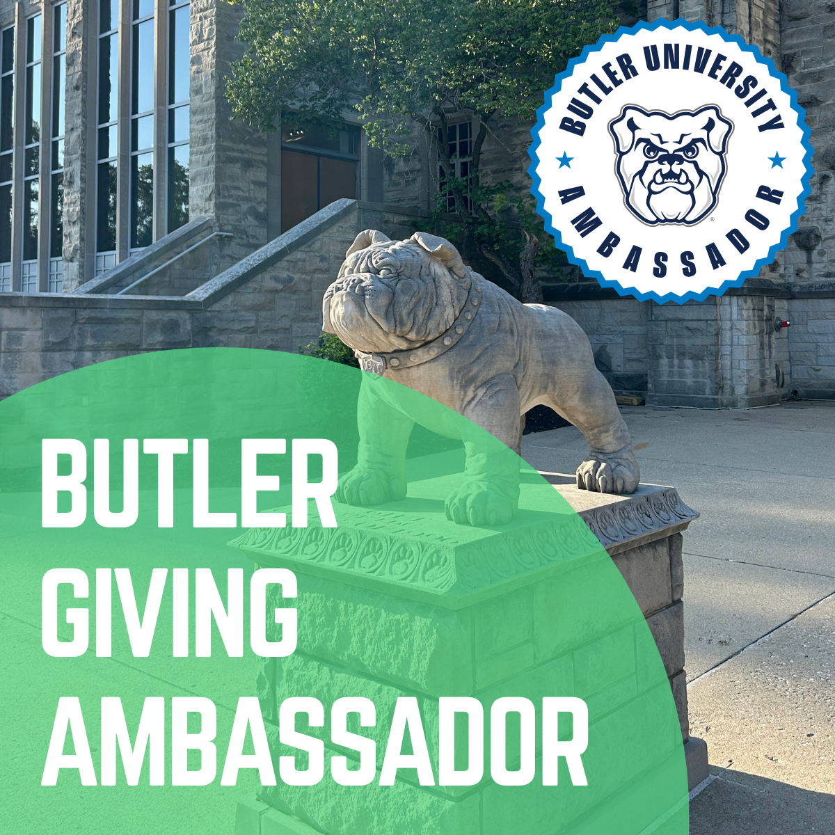 Square graphic with ‘Giving Ambassador’ text over a Butler background in green.
