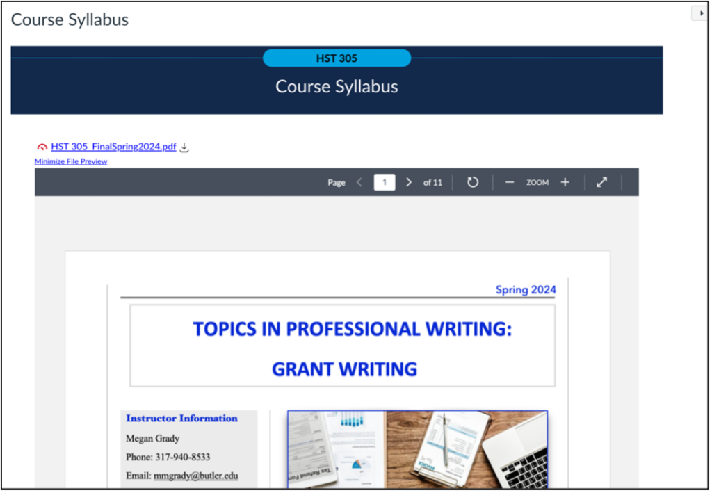 Page header says "HST 305: Course Syllabus." Under the header, there is a blue hyperlink for the syllabus file. The syllabus is displayed in a preview window under the hyperlink.